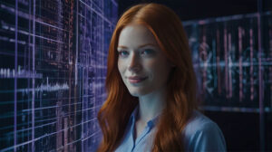 Eine junge, roothaarige Frau steht vor dunklen Monitoren, auf denen Grafiken und Programmiercode zu sehen ist, was einen Auszug aus einem ERP-System symbolisiert