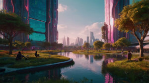 Die Skyline einer futuristische Großstadt in Neonfarben bei Tag, im Vordergrund ist ein großer geschungener Teich mit Wiesen und Bäumen zu sehen, was Nachhaltigkeit im ESG-Kontext symbolisiert.
