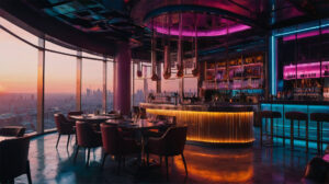 Eine Bar und Restaurant mit neonfarbener Beleuchtung und einer bodentiefen Fensterfront in einem Hochhaus in einer futuristischen Stadt am Ende der Golden Hour