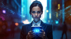 Eine junge Frau im Blazer Ende Zwanzig mit einem freundlich seriösen Gesichtsausdruck in einer futuristischen und großstädtischen Umgebung hält ein Smart-Device, was die Funktion einer IT-Leiterin symbolisiert.