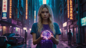 Eine junge, blonde Frau in einer neonfarbenen Farbwelt hält ein leuchtendes, rundes Hologramm, das Ganzheitlichkeit symbolisiert.